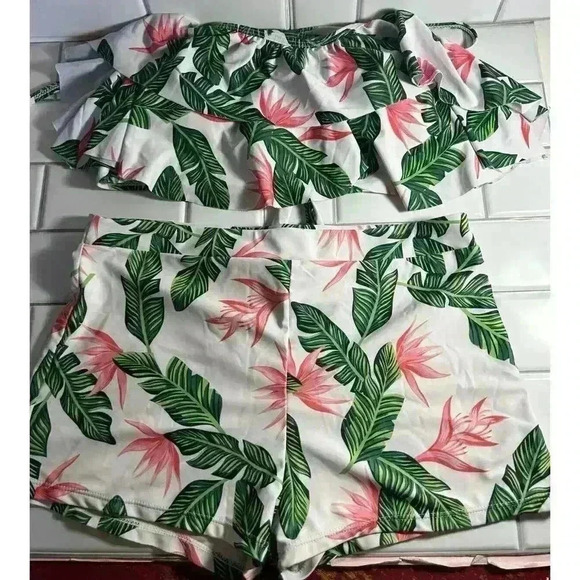 Floral Tropical Leaves Flowers Women’s Swimsuit With Two Tops L,1 Bottom Xl 3pcs - Picture 2 of 16